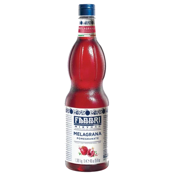 Xarope concentrado Fabbri Mixybar Plus Pomegranate em garrafa profissional, ideal para preparo de coquetéis, mocktails, sodas italianas, chás gelados e bebidas gourmet.