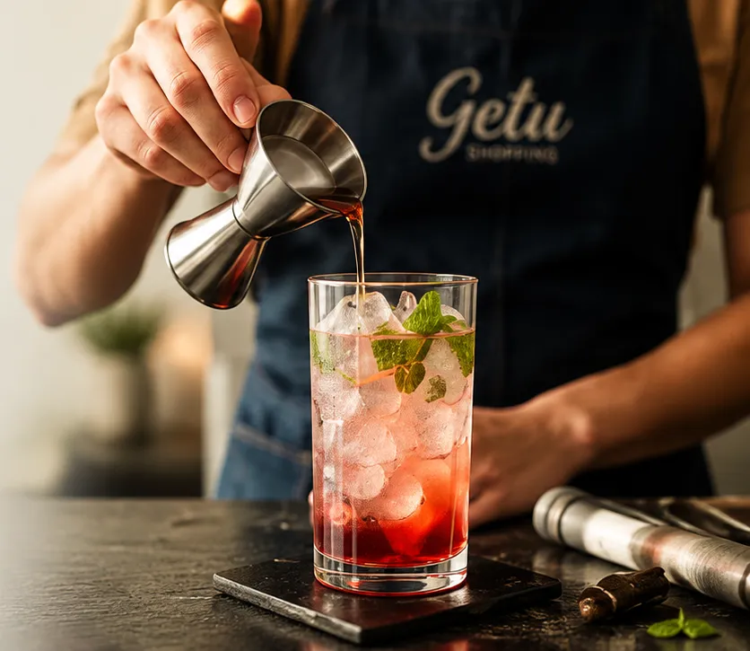 Barista da GETU Shopping preparando um drink gelado com xarope Fabbri