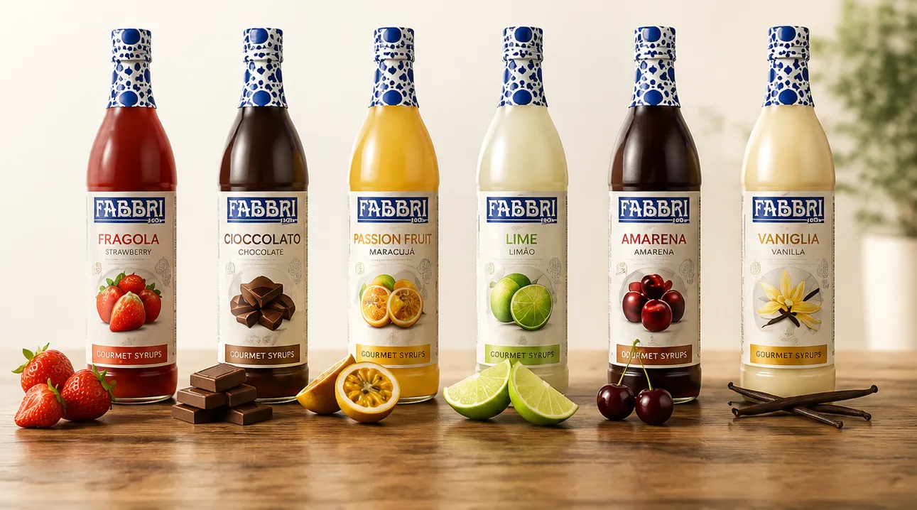 Seis xaropes Fabbri 1905 — Fragola, Cioccolato, Passion Fruit, Lime, Amarena e Vaniglia — com as frutas correspondentes