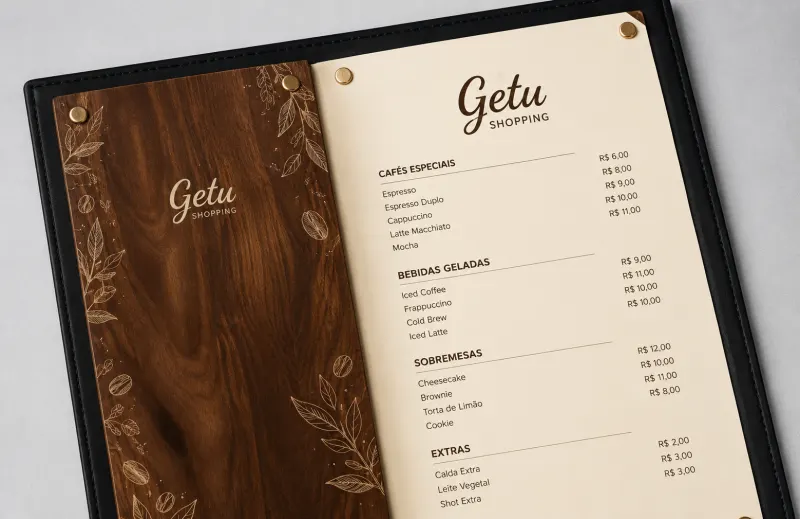 Cardápio personalizado da GETU Shopping em capa de couro