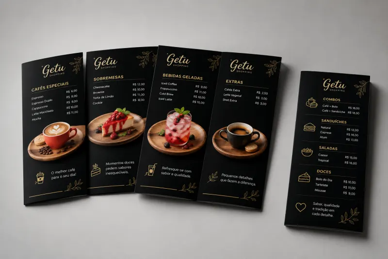 Materiais promocionais e cardápios de parede da GETU Shopping