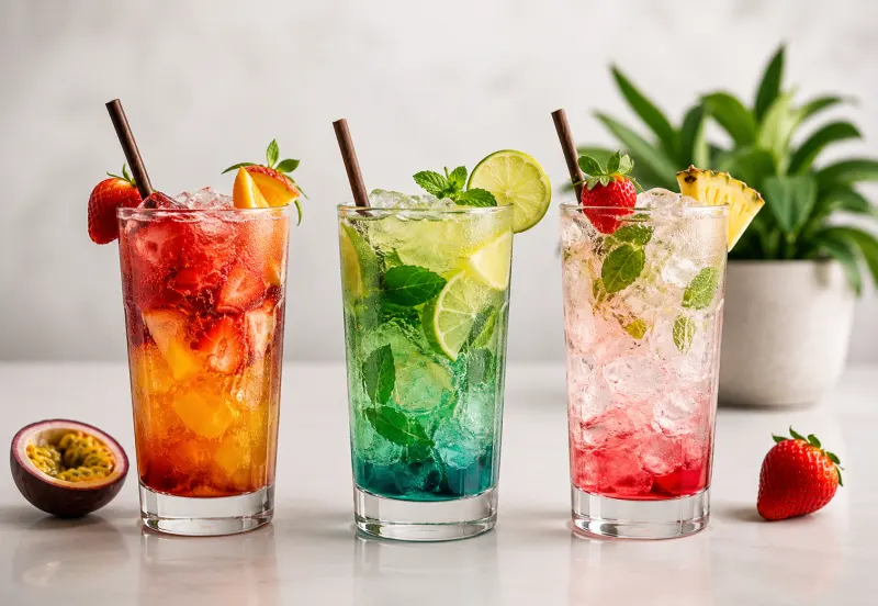 Drinks coloridos preparados com xaropes Fabbri