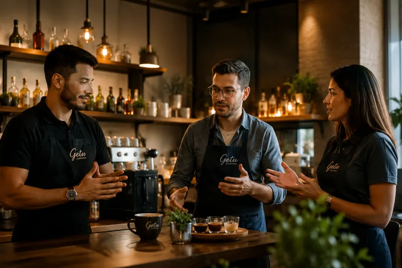Equipe de baristas em treinamento atrás do balcão