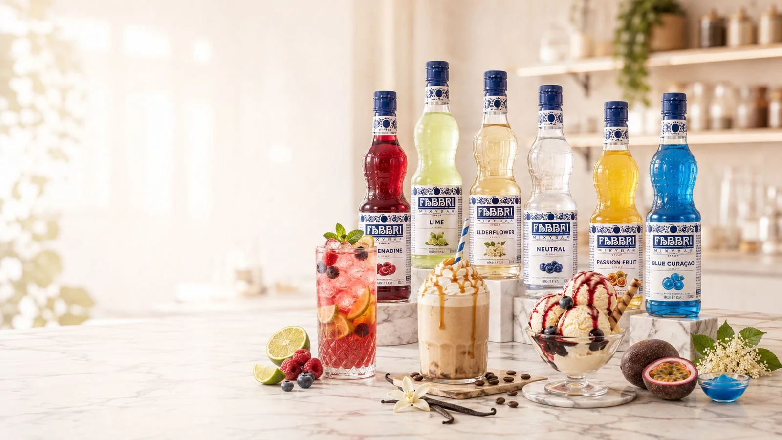 Garrafas de xarope Fabbri Mixybar com coquetel, milkshake e sobremesa de sorvete sobre uma bancada de mármore