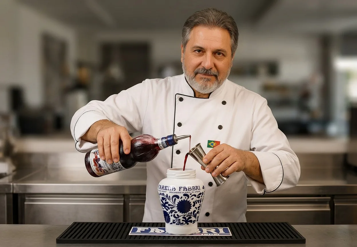 Antonio, de dólmã de chef, servindo xarope Fabbri em uma cozinha profissional